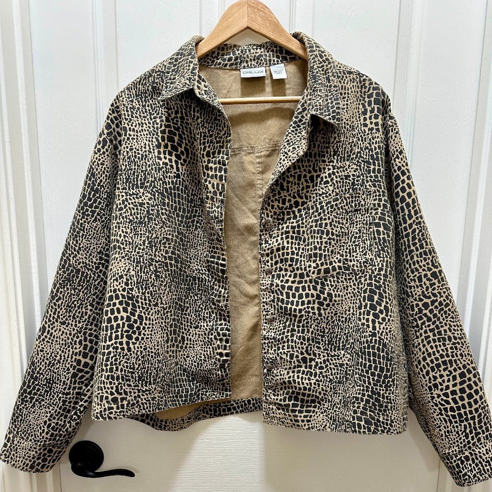 Chicos Women's Jacket Size 3 (Large) Beige Brown Animal Print Lightweight Boho